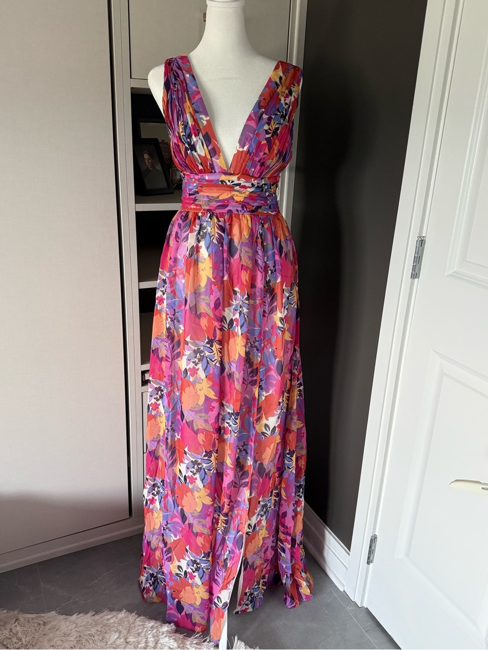 Aidan Mattox Pink & Purple Floral Plunge Maxi Dress